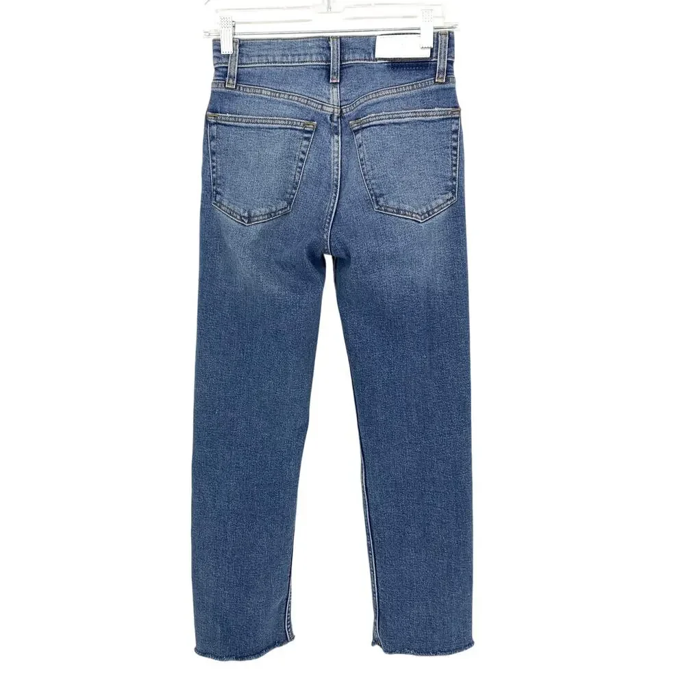 Re/Done 70's Stove Pipe High Rise Straight Jean Womens 24 Medium Wash Distressed